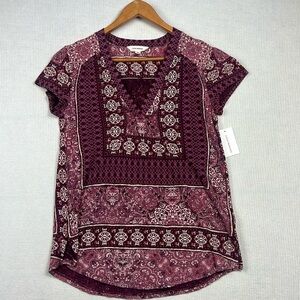 Lucky Brand NWT Linen Blend Border Print Women’s Size Small Tunic Style T-Shirt